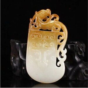 Archaistic Chinese Hetian Jade Pendant w Chi Dragon on Axe